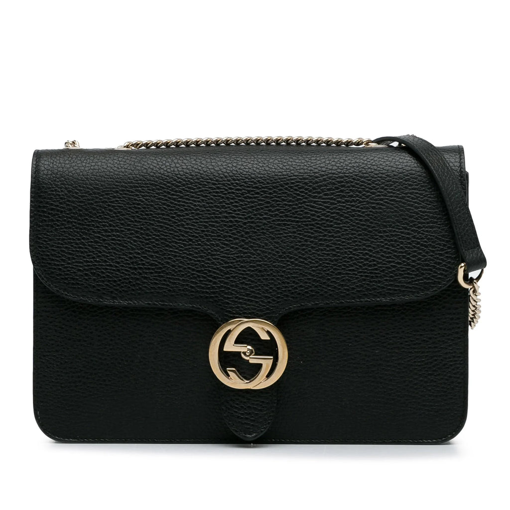 (Good) Authenticated G Leather Dollar Interlocking Crossbody Unisex Calf Gucci Medium Pre-Owned Bag Black