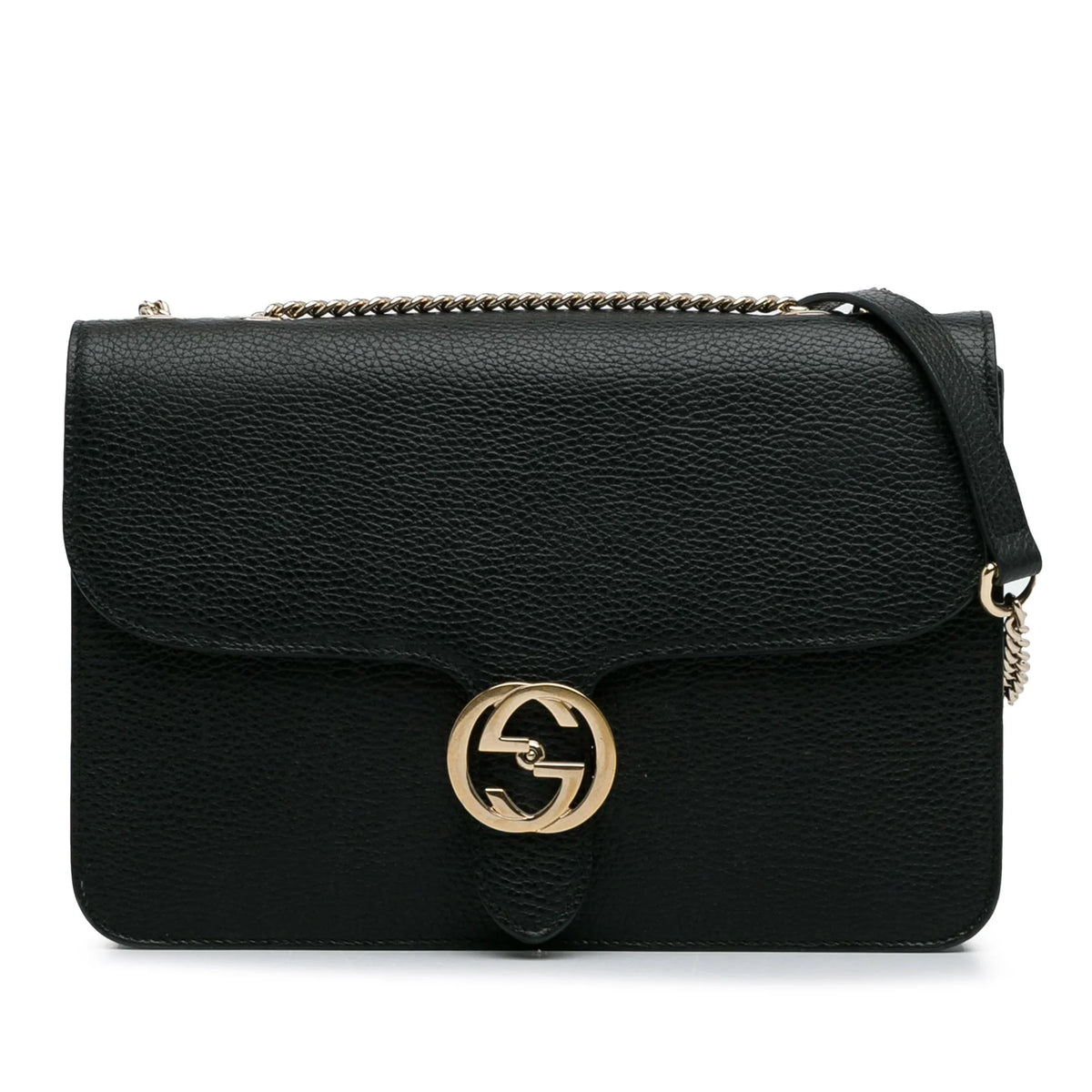 (Good) Authenticated G Leather Dollar Interlocking Crossbody Unisex Calf Gucci Medium Pre-Owned Bag Black