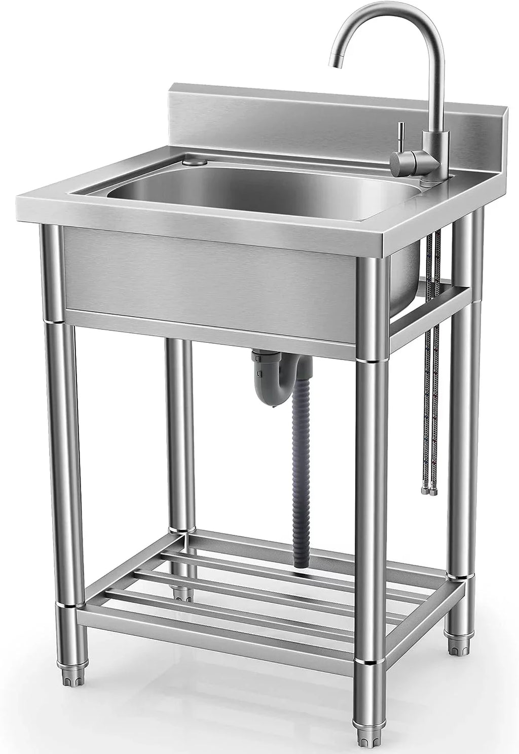 Single Steel with and Free Utility and Stainless Bathroom, Water Pipe Farmhouse for Cold Hot Ideal Standing Bowl Room, Laundry - Sink