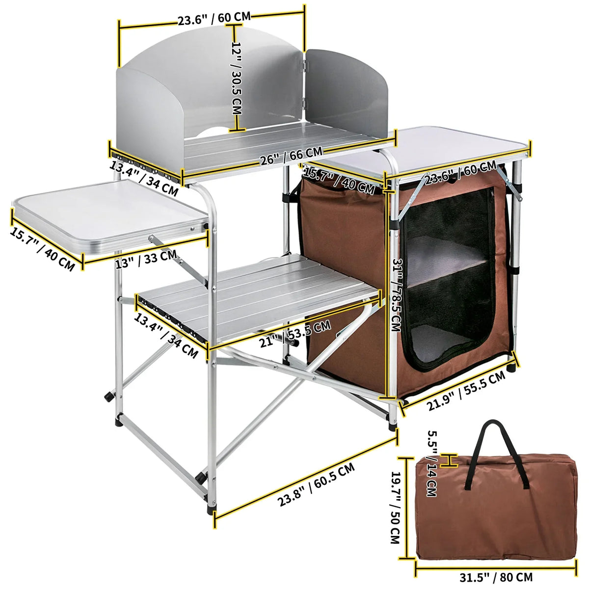 Table Kitchen with Camping, Portable Table Brown 2-Tier, BBQ, Bag for Table Outdoor Cook Camp SKYSHALO Party, Folding Color, Camping Zippered