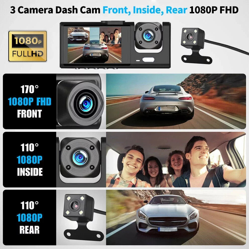 Camera Dash Dual Car G-Sensor Recorder Lens 1080P Cam Front/Rear/Inside Video
