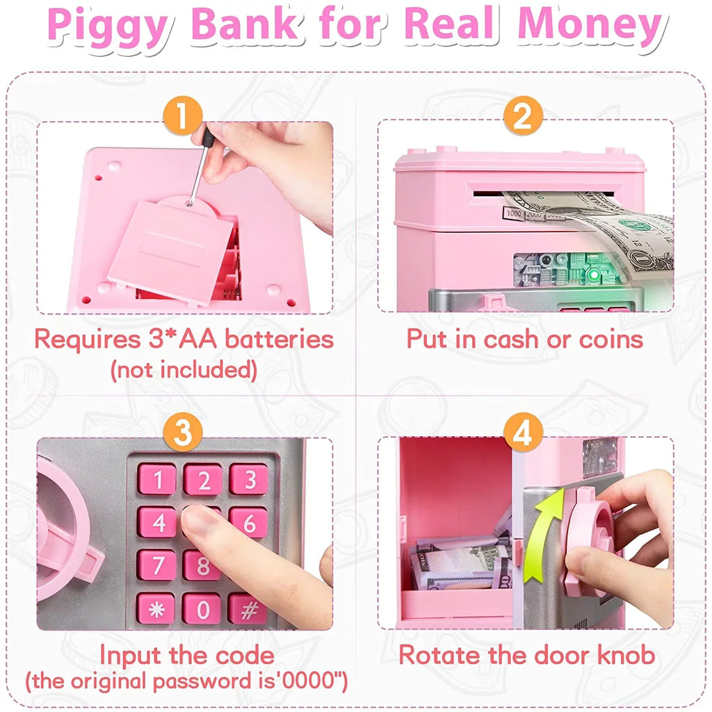 ATM (Pink/Silver) Toy Coin Kids Password Bank for ATM Boys Cash Adult Bank Gifts Electronic Savings Machine Real Money Box Safe Digital Money Girls Piggy Savings Kids Saving Mini