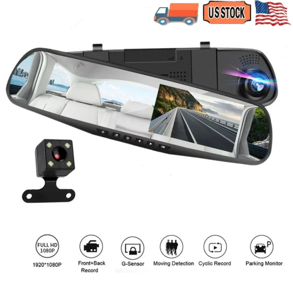 for 170°Wide 1080P Motion Car Night Detection Dash Rear Camera Cars Front 4.3" Parking Cam DVR Trucks, Car G-sensor, Monitor, Rearview Vision, Cam Mirror Dual Angle Monitor, Lens