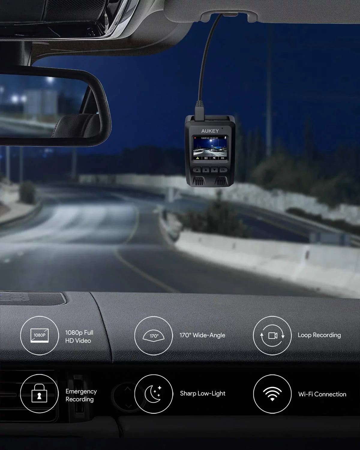 Black-DR02 Wide Dash P Camera, 1080P for Dash Camera 6-Lane Lens 170-Degree AUKEY Cars, Angle Cam, FHD Wifi Car