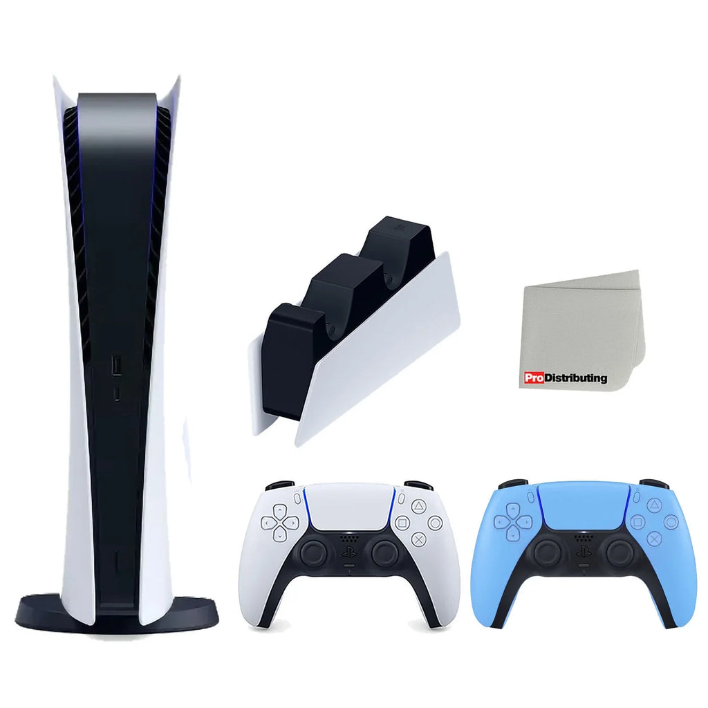 Extra with Controller and Edition Digital DualSense Cleaning Bundle Sony 5 Cloth Playstation Blue Console Charging with Station