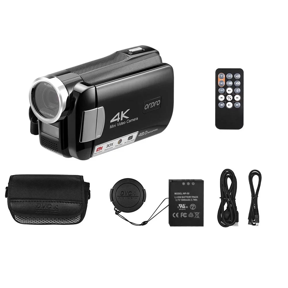 IPS Filmmaking Video 30X Digital Camcorder 48MP for Night Vision Vlogging Camera Touchscreen with 4K ORDRO AC2 IR Zoom