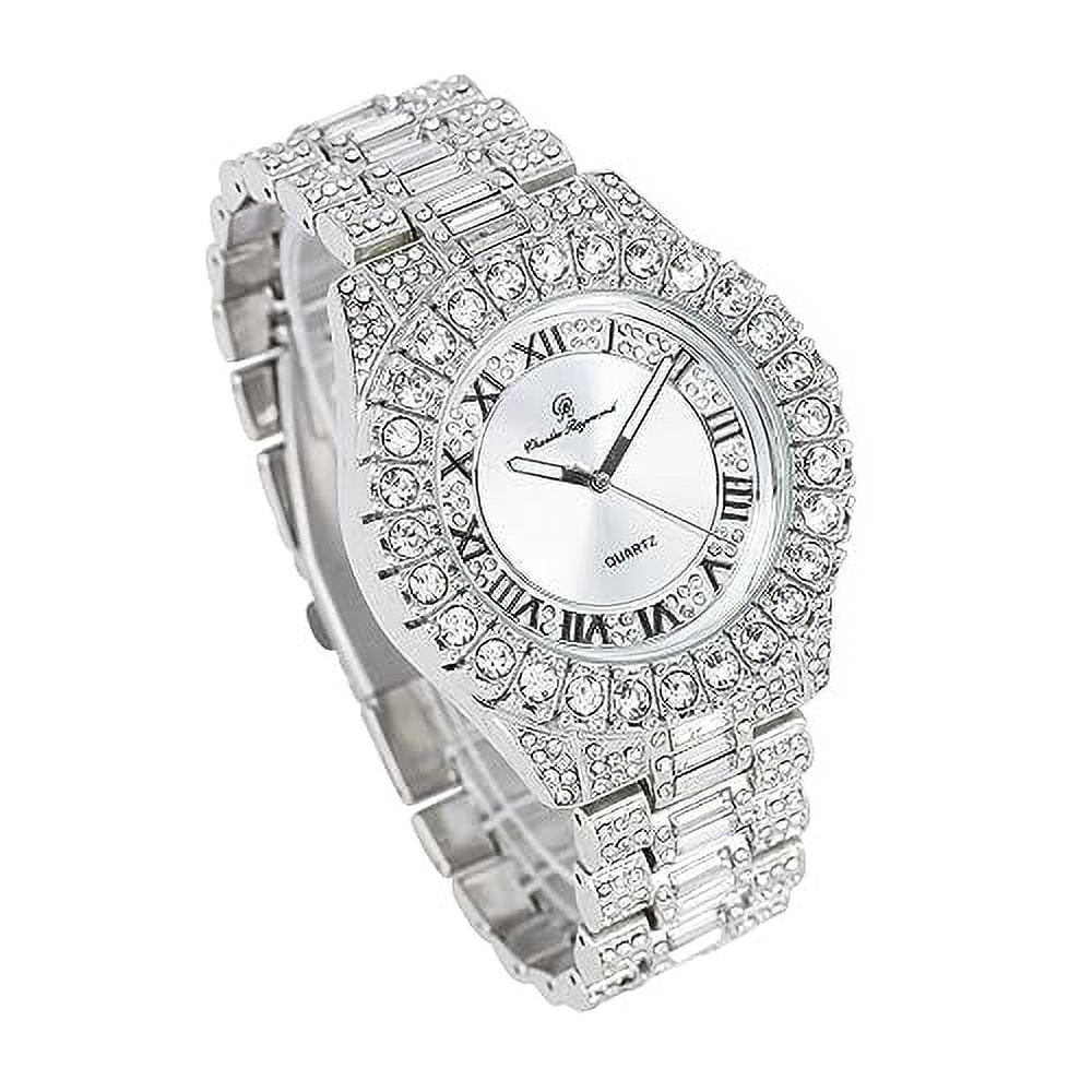 Mens Diamond Hip Read Out Date Iced Watch Colorful Blinged Timepiece Out ST10535 Fully and Raymond Dials- Big Charles - &Day Hop (ST10537-RN Rocks Designer Silver) w/Easy