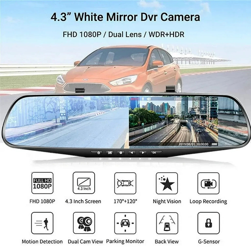 for 170°Wide 1080P Motion Car Night Detection Dash Rear Camera Cars Front 4.3" Parking Cam DVR Trucks, Car G-sensor, Monitor, Rearview Vision, Cam Mirror Dual Angle Monitor, Lens