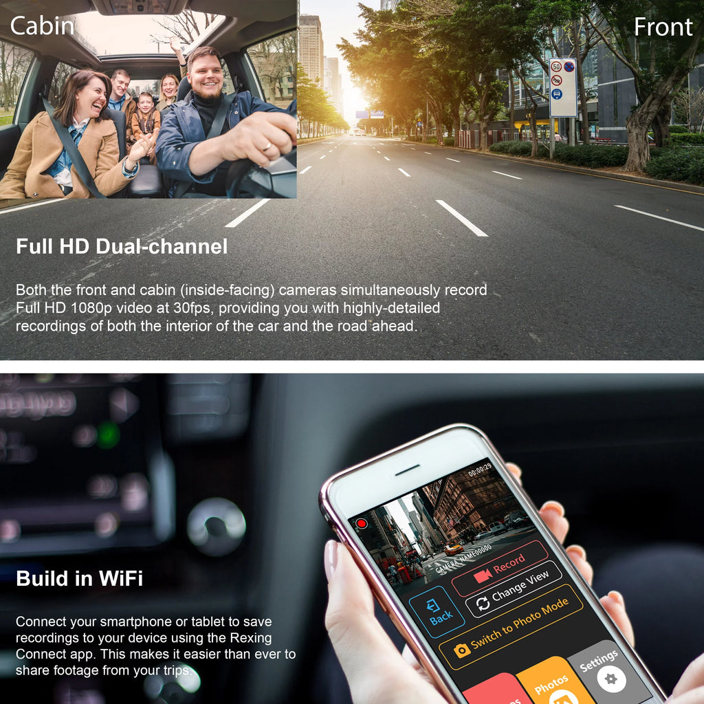 Inside Front with Cam Cabin and HD Dash Wi-Fi Dual Rexing Basic Camera Full 1080p V3