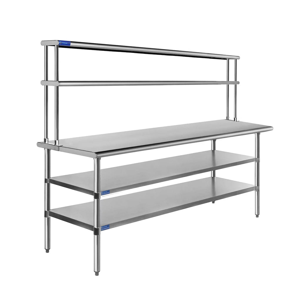 Table 72" | Shelves | 30" Work Tier Double Metal & Overshelf Shelving With Wide Prep Steel Combo Table Kitchen x Two 12" Stainless