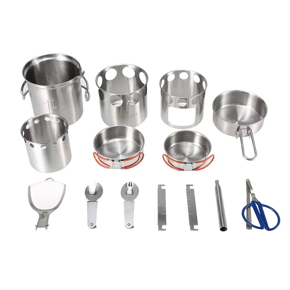 Cookware Steel Set, Tableware and Portable Lixada Mess Stainless Folding Cooking Backpacking Wood Pan Stove Kit, Set Picnics for Pot Camping