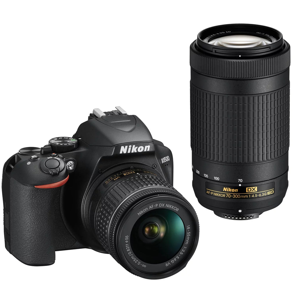 Nikon 70-300mm with ED, f/4.5-6.3G VR NIKKOR AF-P 18-55mm NIKKOR Black DX-Format DSLR D3500 Two & f/3.5-5.6G DX AF-P Lens DX Kit