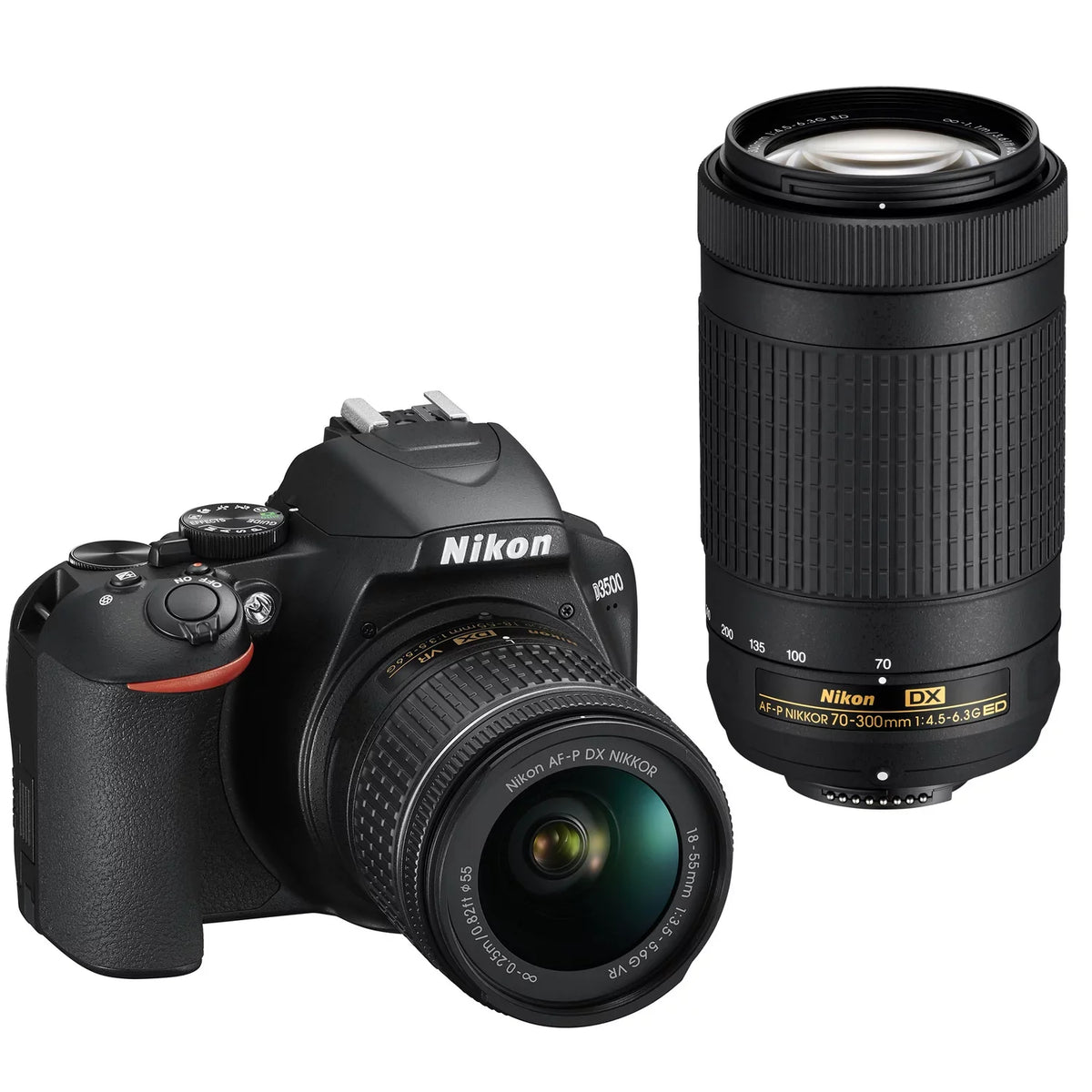 Nikon 70-300mm with ED, f/4.5-6.3G VR NIKKOR AF-P 18-55mm NIKKOR Black DX-Format DSLR D3500 Two & f/3.5-5.6G DX AF-P Lens DX Kit