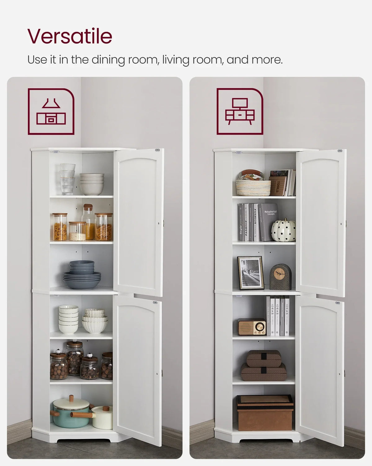 Corner Cabinet 4 with Bathroom Design, Cabinet Adjustable White Doors and 2 Modern VASAGLE Farmhouse Cabinet Tall Floor Shelves Storage