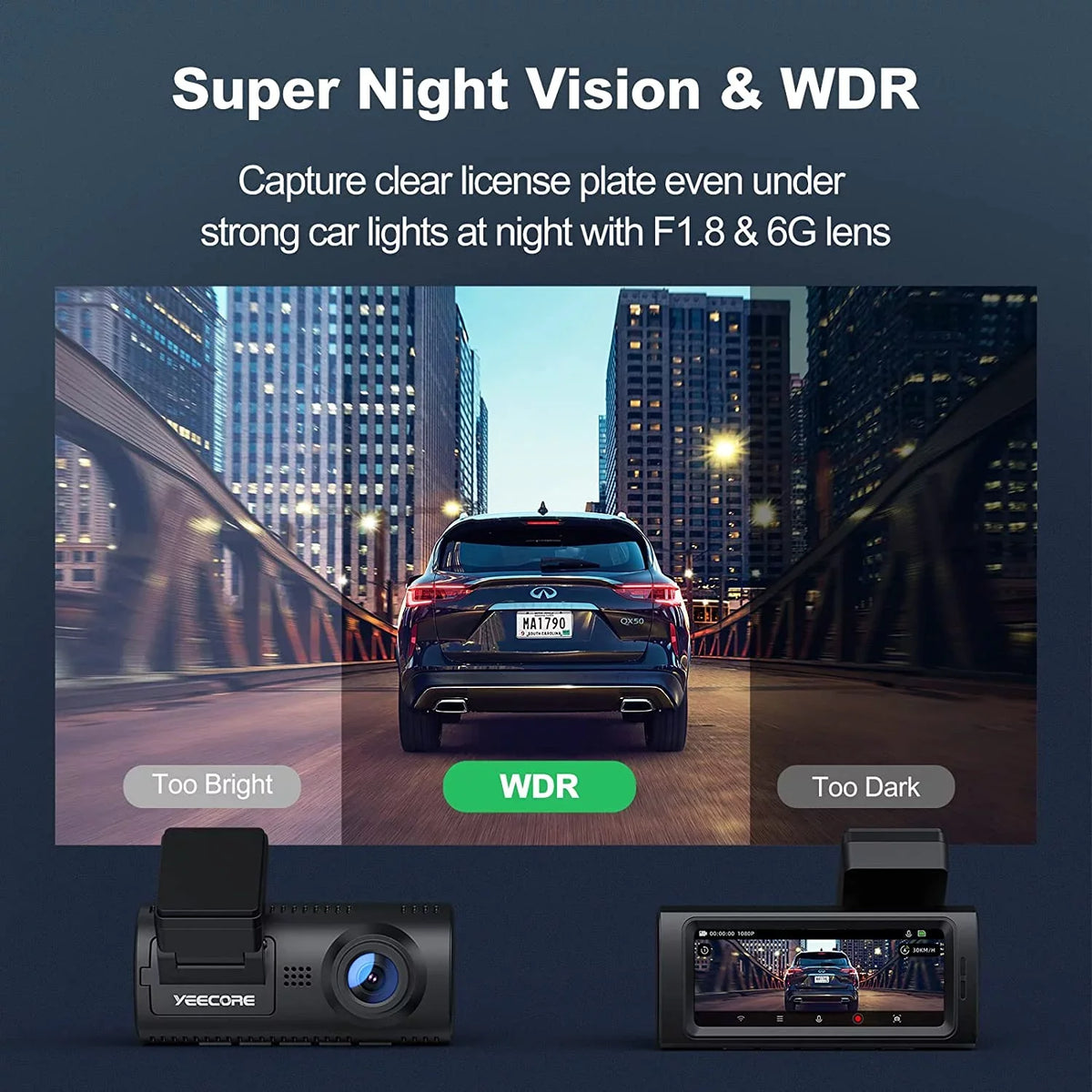 with Max Dash LCD, 4K Cam, for Yeecore 256GB WiFi Dash 3.16" Front Night G-Sensor, Parking UHD Magnetic Cars Cam Monitor, Mount, Car GPS, Dash Support Camera with Portable WDR, Vision, Camera 2160P,