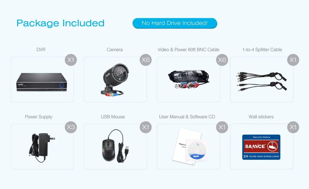 Kits SANNCE HDD CCTV Security 960H DVR Motion IR Detection, Video with System HD Outdoor 8CH Cameras Included 6Pcs 720P No Home Surveillance