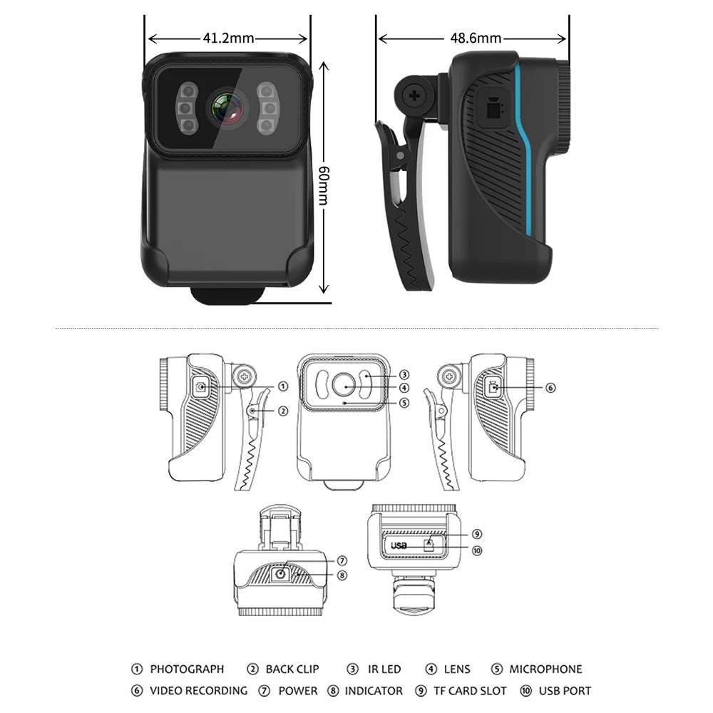 Built-in Microphone, Battery, Vision, Video Camera, Angle Night Waterproof, Clip 1080P Camera, Andoer WiFi Wide Recording, Video Action Loop Backside Lens,