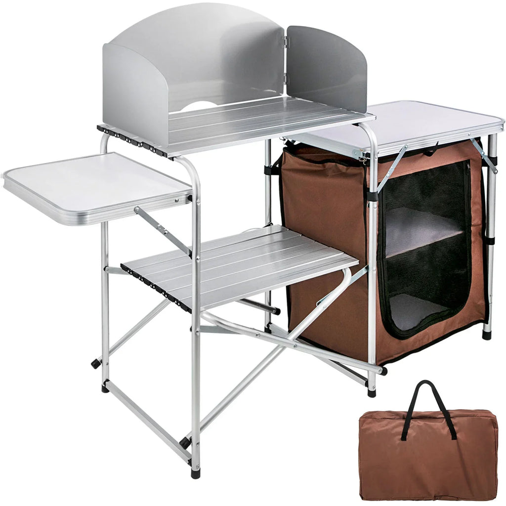Table Kitchen with Camping, Portable Table Brown 2-Tier, BBQ, Bag for Table Outdoor Cook Camp SKYSHALO Party, Folding Color, Camping Zippered