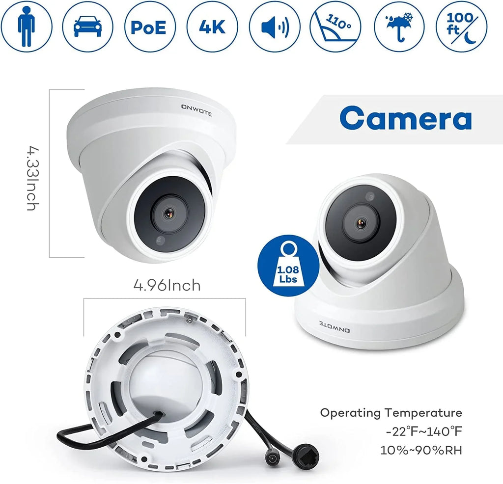 HDD IP 16CH 24/7 System, 8MP PoE with Camera NVR Commercial AI-Human-Detection, 2-Storage-Bay Audio, 8pcs Cameras Security for ONWOTE with 4K Channel 4TB 8MP PoE Recording, 16 Wired 4K