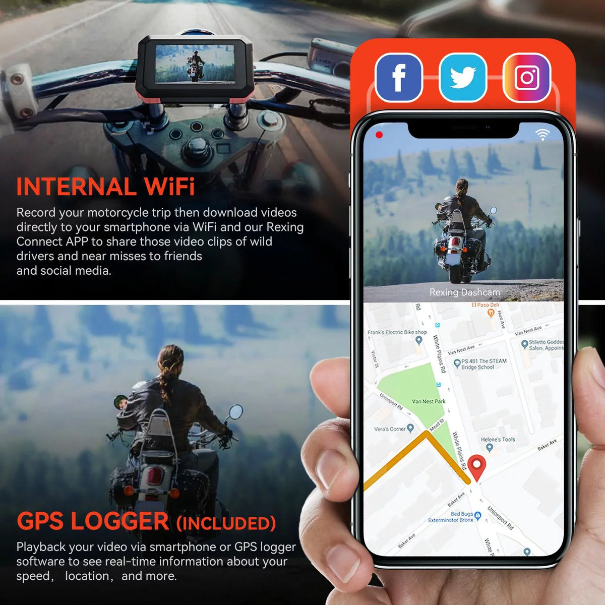 Dual Dash & 1080P Motorcycle Wi-Fi with MTC1 Rexing Cam GPS Channel