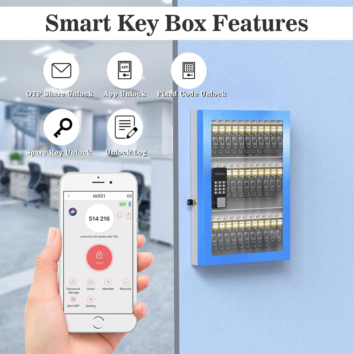 Security Bluetooth/Fixed Half-Remote Lock Box for Key Cabinet Car Lockbox, Key Smart APP Code OTP Plus, Share Dealership，， Mount, 96 Wall Storage