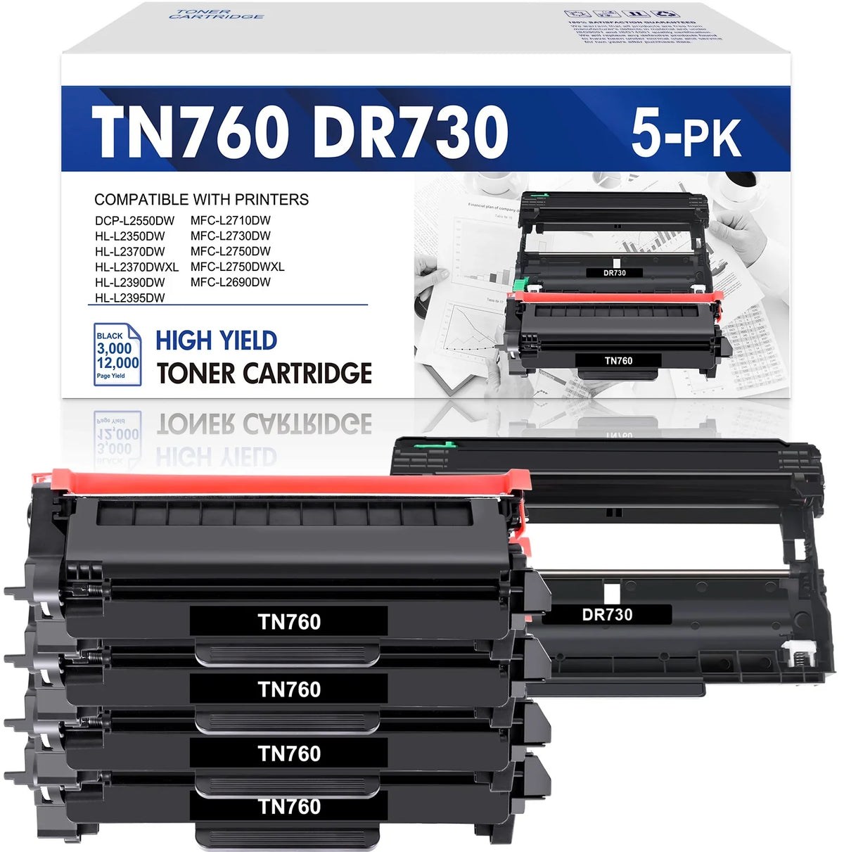 Unit TN760 DCP-L2550DW Printer Unit Set Toner Yield (4x Cartridge and 1x Toner, DR730 High HL-L2350DW Drum DR730 MFC-L2710DW Drum ) MFC-L2690DW Brother for TN760 Compatible