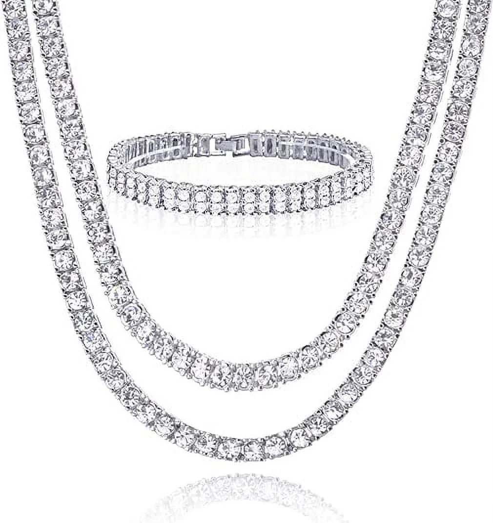 pc Tennis Silver 16" Hip Plated Set Chain Double Row Luxury 18" + 2 Hop 3 Bracelet 8" and