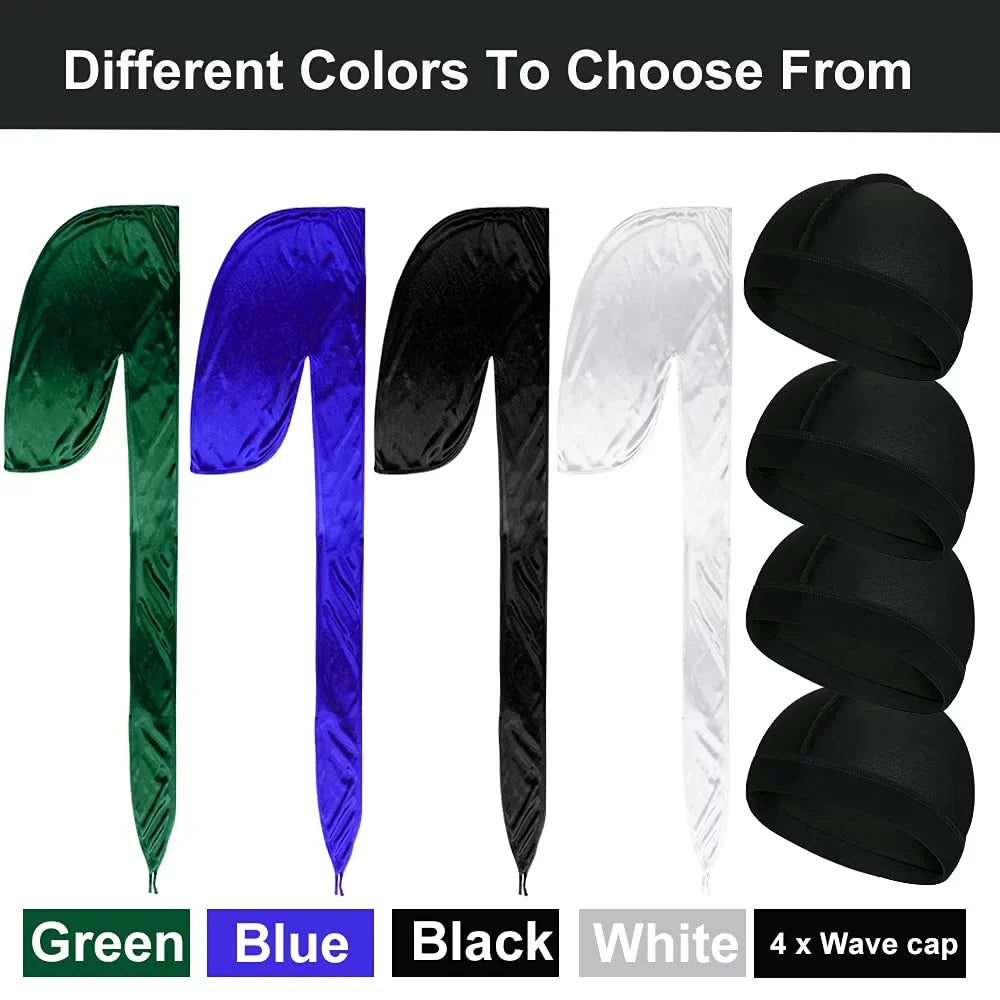 for Silky Headwraps Long Pcs Men 360 Cap Durag 4 Perfect and ASKNOTO Wave 4 Silk Pcs Tail Waves with