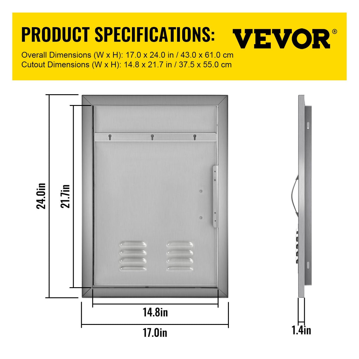 Door Storage Door Vertical with 17x24 Steel Vents for Stainless BBQ inch Island Single Access