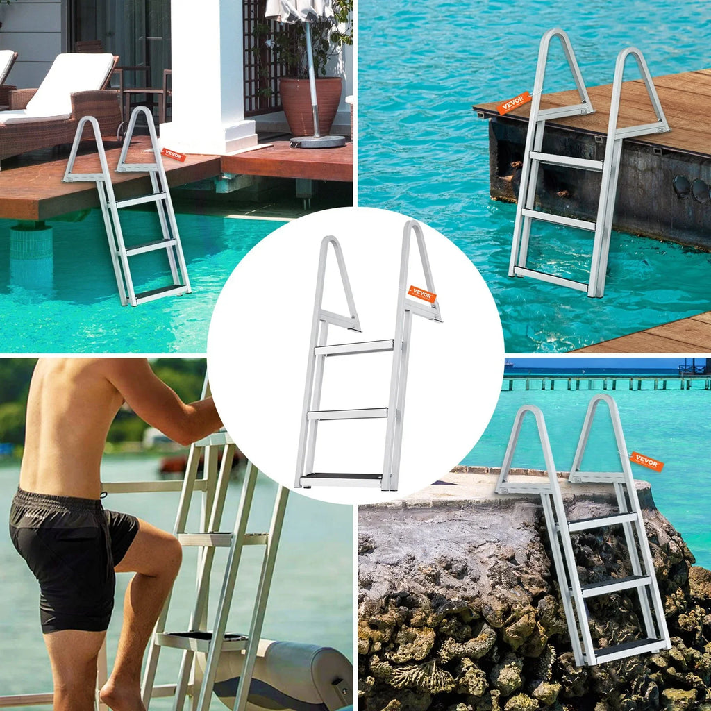 for Boats, - Removable with VEVOR Aluminum Dock 4'' Wide Alloy Pools 3-Step Nonslip Ladder Capacity, 350 Installation Access Lakes, Steps, Marine & Simple lbs
