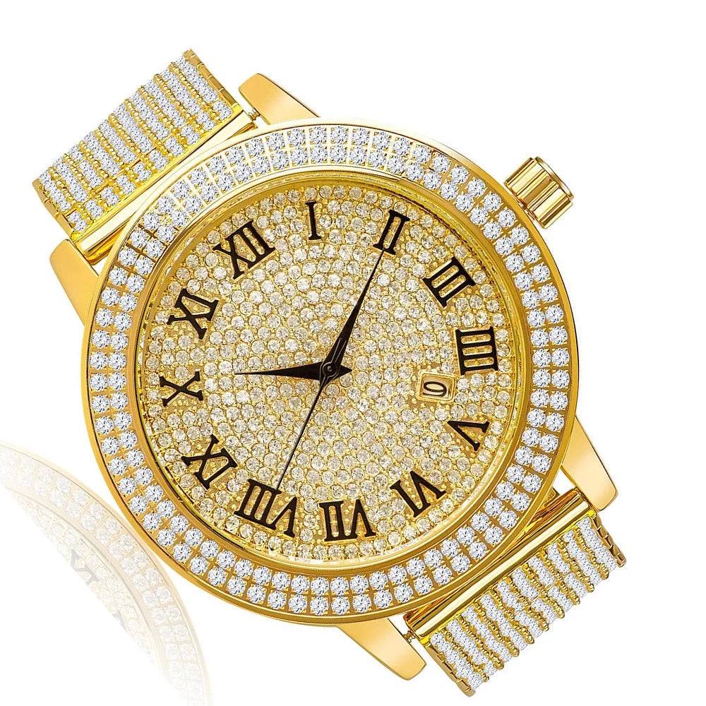Watch W/Date Khronos Face Diamonds Jojino Roman Rodeo Jojo Tone Gold Joe Yellow Custom Simulated Function