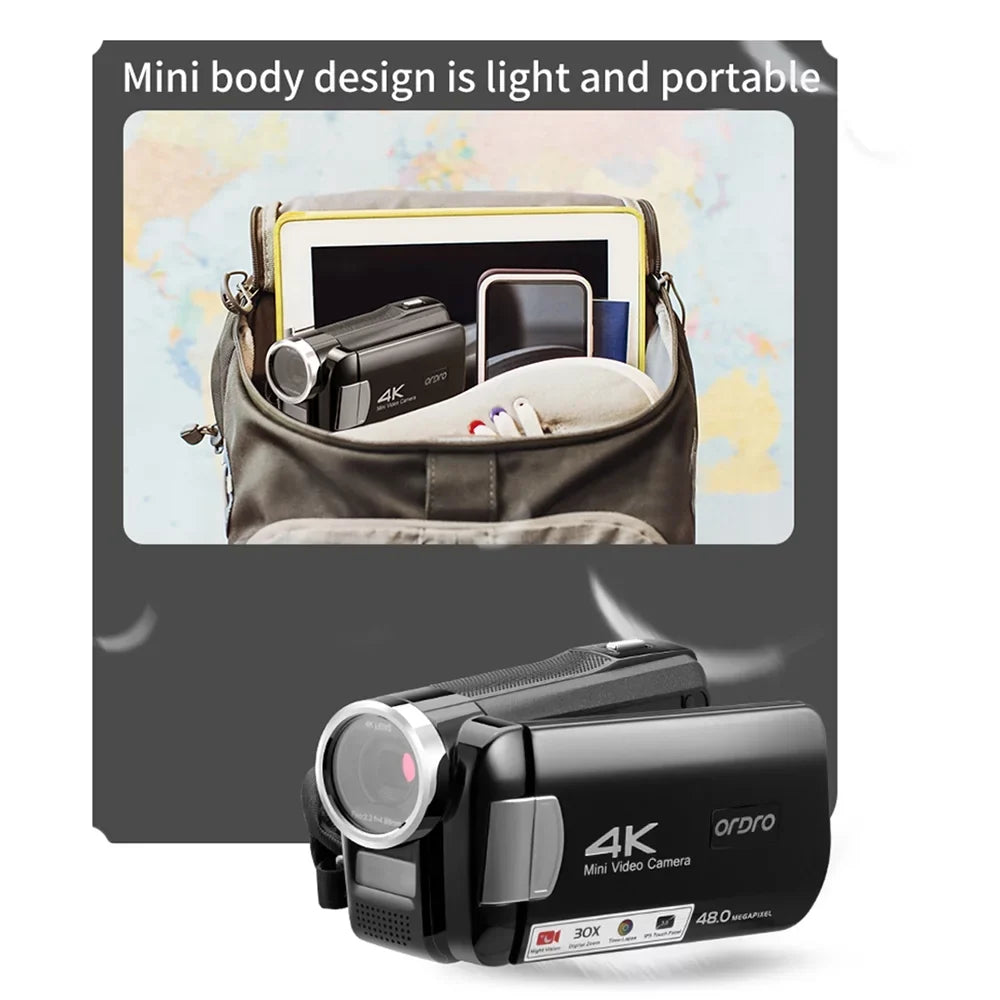 IPS Filmmaking Video 30X Digital Camcorder 48MP for Night Vision Vlogging Camera Touchscreen with 4K ORDRO AC2 IR Zoom