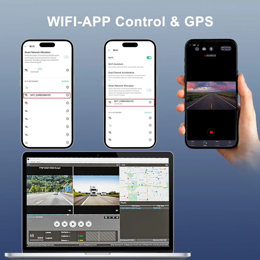 with and Loop WiFi For 3'' and Night GCZ 4K IPS 24H Dashcam HD Touchscreen GPS, Dash Rear Vision, with G-Sensor, Front Full Cam and and Parking Recording Mode Car