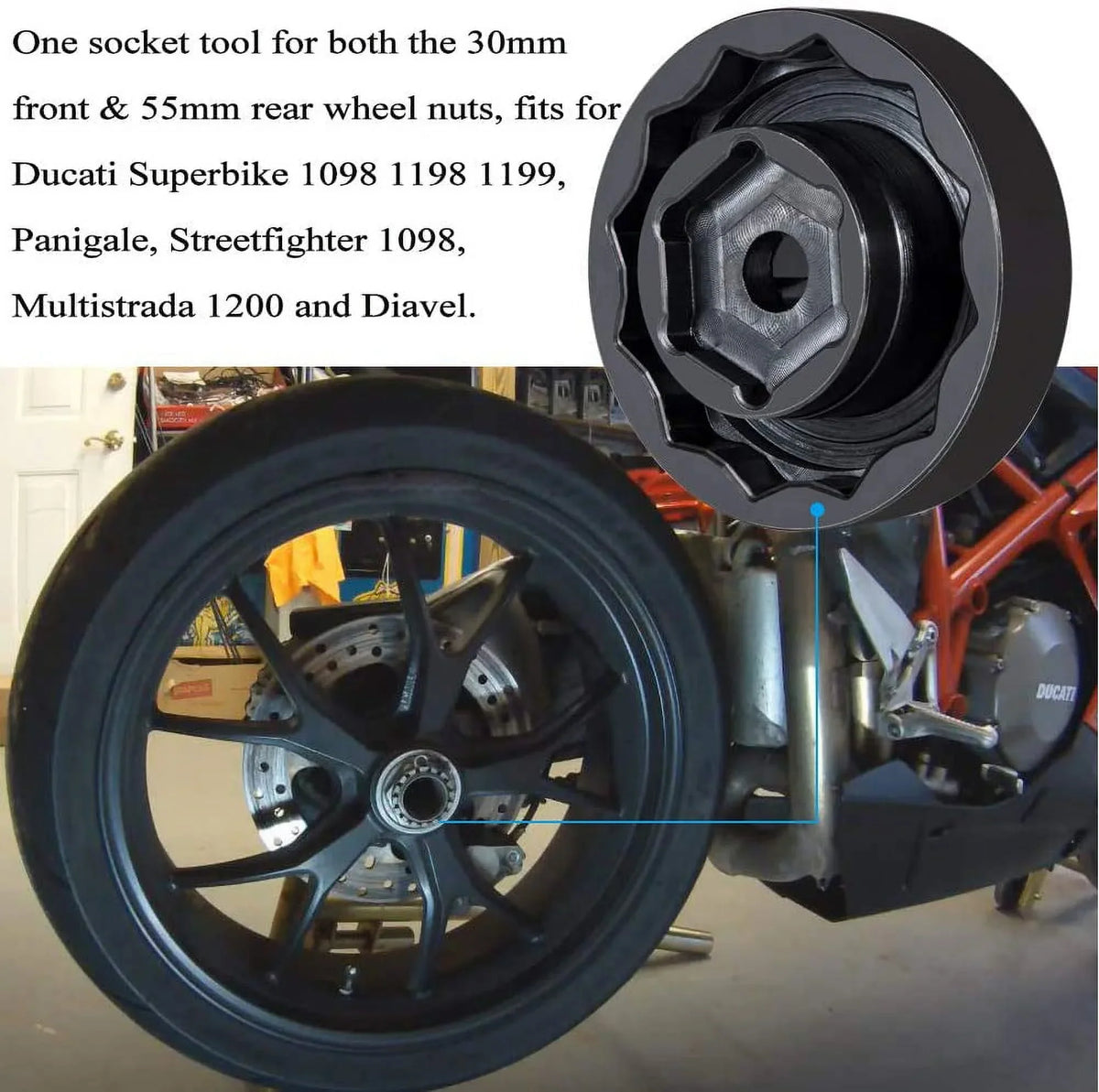 Ducati Super 1098 55mm) + Nut Panigale Bike for 1198 Socket 1199 Motorcycle Rear Front Wheel ATVs Diavel Tool Multistrada (30mm Axle