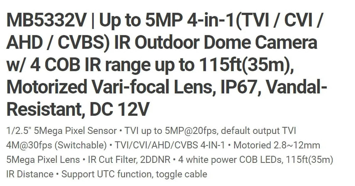 COB DC DOME 12V Vandal 2.8-12mm IR IR 4 Motorized, Eyemax 5MP MB5332V-W LED HD-TVI TIV Camera
