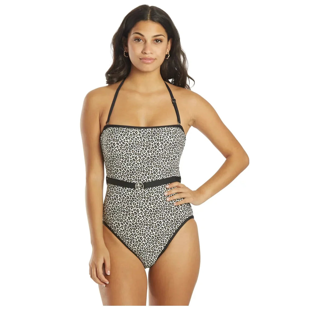 Kors Size Black Women's Printed 10 Swimsuit One-Piece Michael Logo-Belt Bandeau