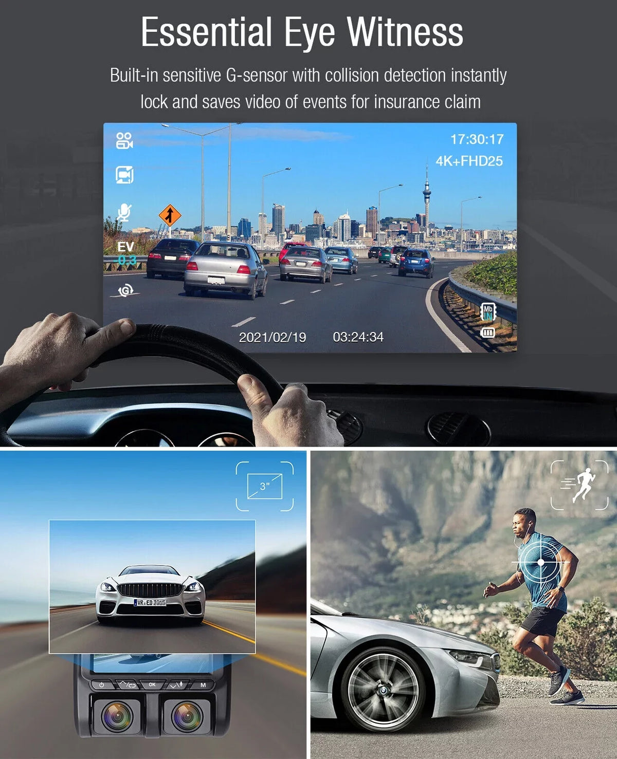 Monitor, Recording Cam TOGUARD Camera G-Sensor, Loop 3" Car 1080P Night Dual Camera Parking Dash Dash LCD and Vision Inside Screen IR Front with
