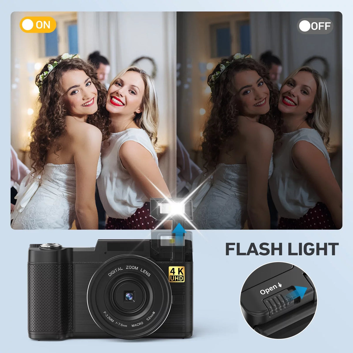 Macro for YouTube Camera Camera 16X Vlogging 180°Flip Photography Digital 3’’ 4K & Digital Flash, Zoom Function with Camera 48MP MARVUE Liftable Screen