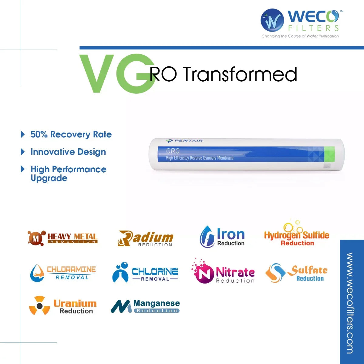 VGRO-75GS-10EXTRA.5 Drinking Water System Reverse Osmosis WECO Filtration Filter Efficiency Bacteriostatic High with