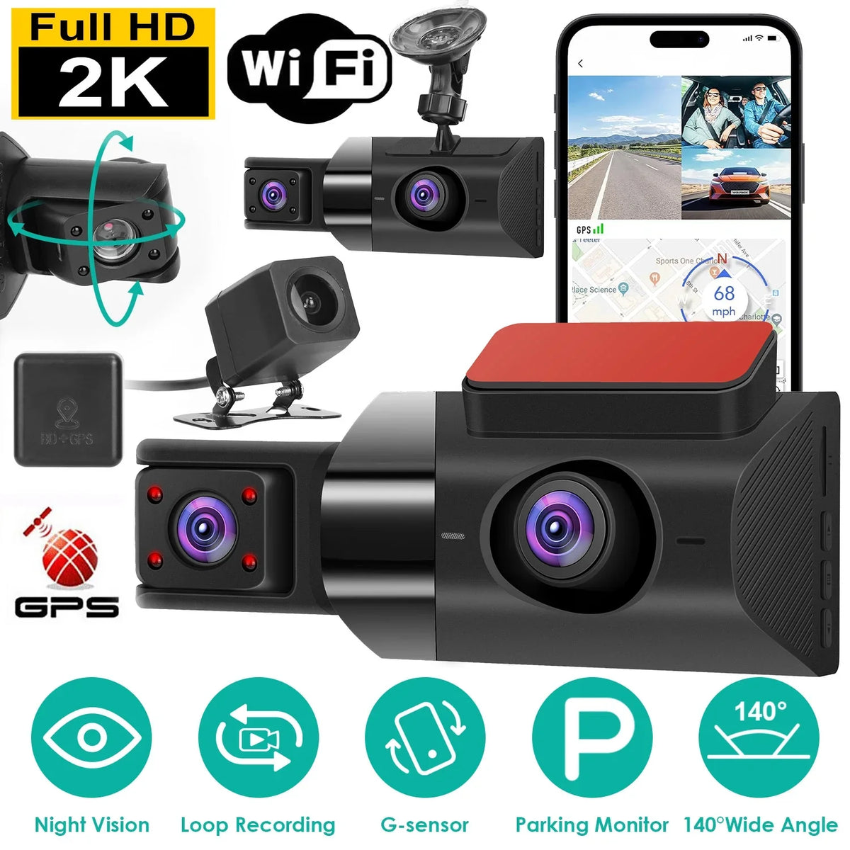 Dashcam DVR G-Sensor Car 2K with iMounTEK Parking Night GPS Dash Monitor Recording HD Cam Angle Car 140° Video Vision Recorder Loop Full