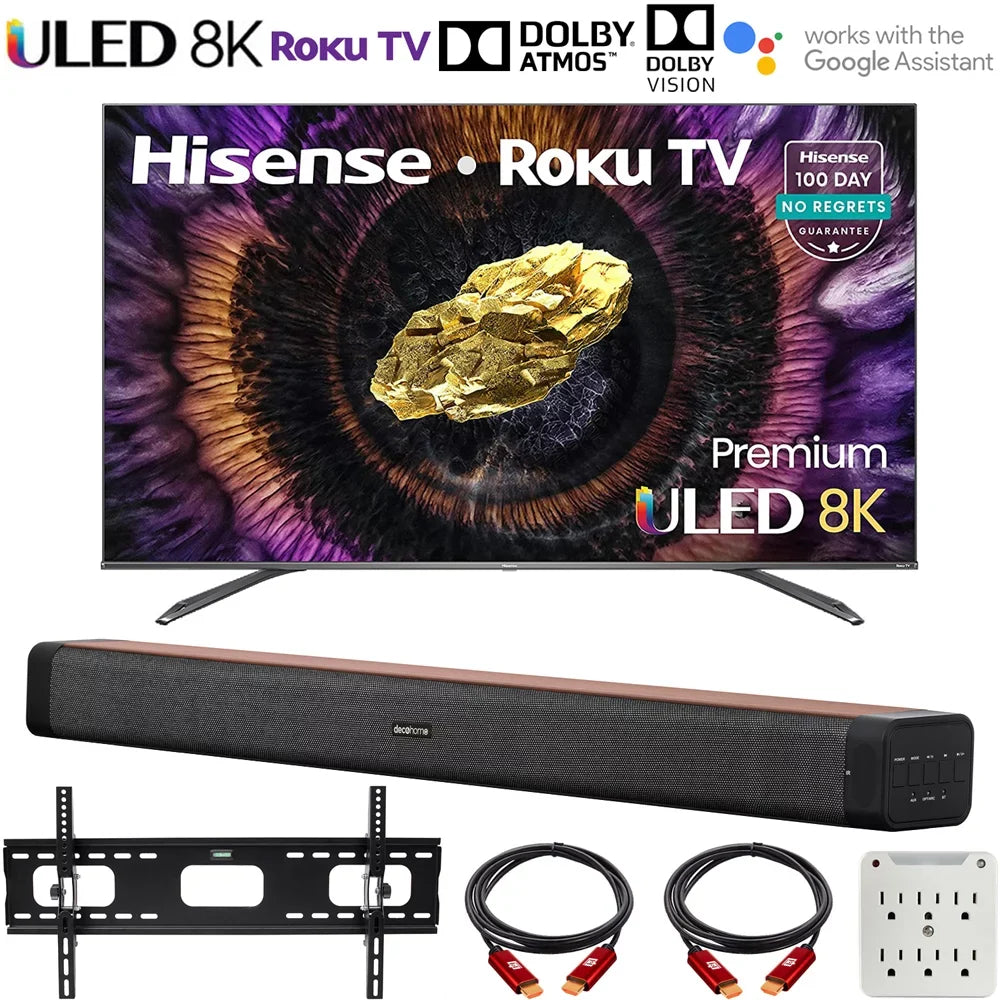 TV Wall Vision Roku Adapter 2.0 Smart 2021 Channel with Bundle Deco 75" Quantum Dolby Bundle Mount Premium 75U800GR Soundbar, 8K Hisense with Dot 37"-100" TV ULED Bracket 60W 6-Outlet Surge and Home