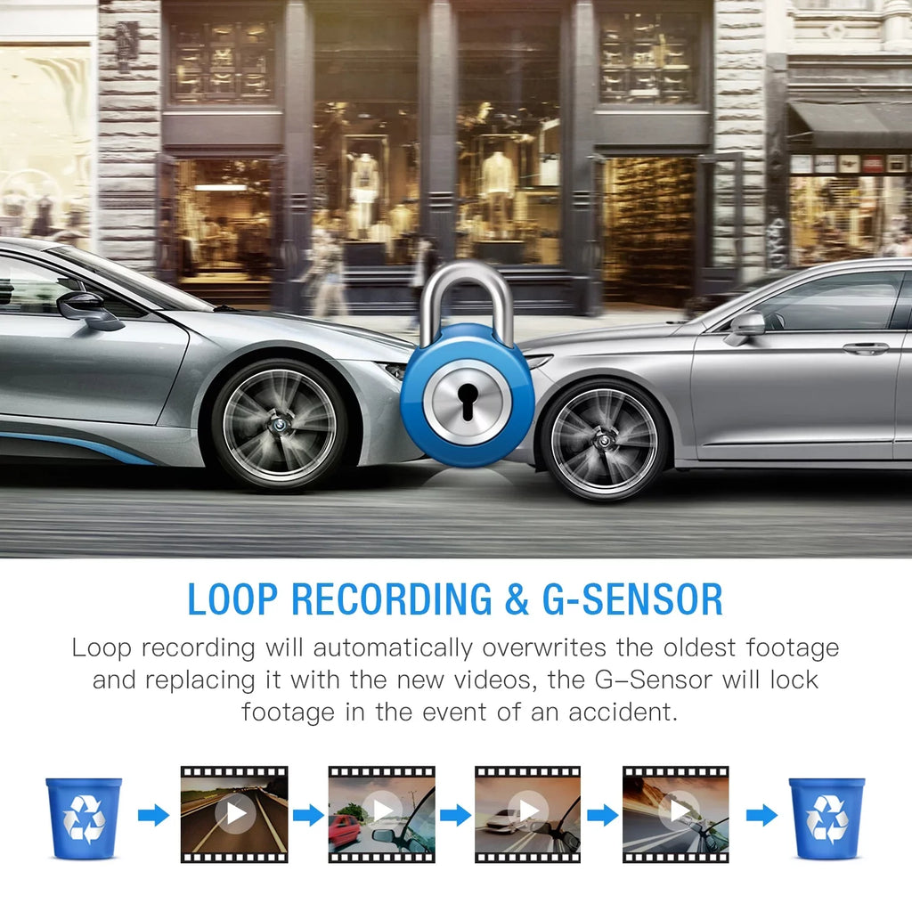 Monitor, Recording Cam TOGUARD Camera G-Sensor, Loop 3" Car 1080P Night Dual Camera Parking Dash Dash LCD and Vision Inside Screen IR Front with