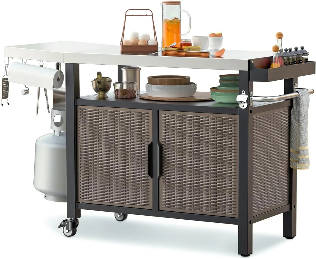 and Dining Side Kitchen with Worktable XL Cart with Storage SUSIMOND Stainless Outdoor Countertop, for Shelf Island Steel 53-Inch Table Rolling Wheels Indoor Cabinet