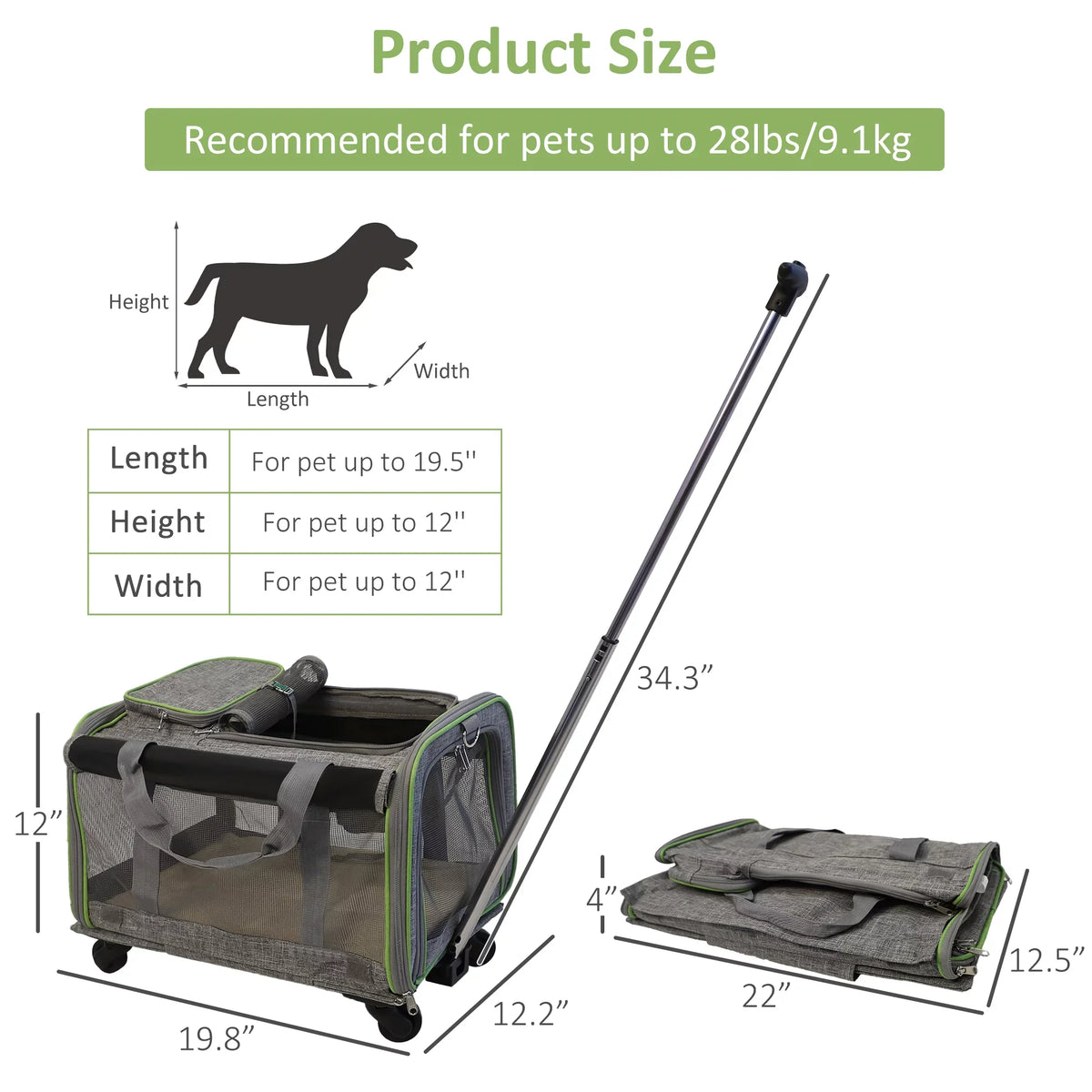 Removable Dog, with Safety Mesh Carrier Handle, Cats, Cat with Carrier Pet and Dogs Base, and Wheels Approved Soft-Sided Airline Wheel Cat Strap & for for Pet Telescopic Carrier