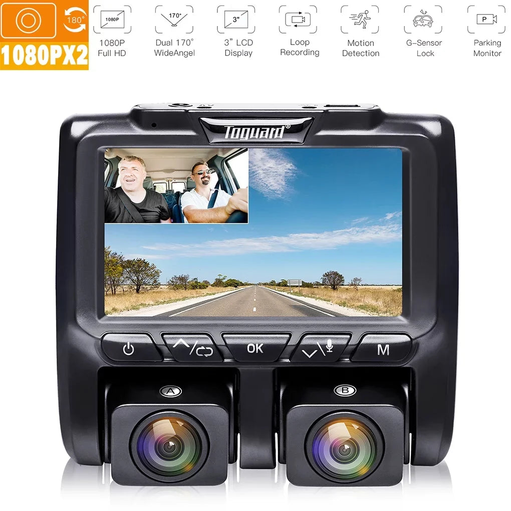 3" Dash LCD Camera TOGUARD 1080P+1080P HD Full Cam, Dashboard Front Inside Dual Camera Black Cams Car and Dash