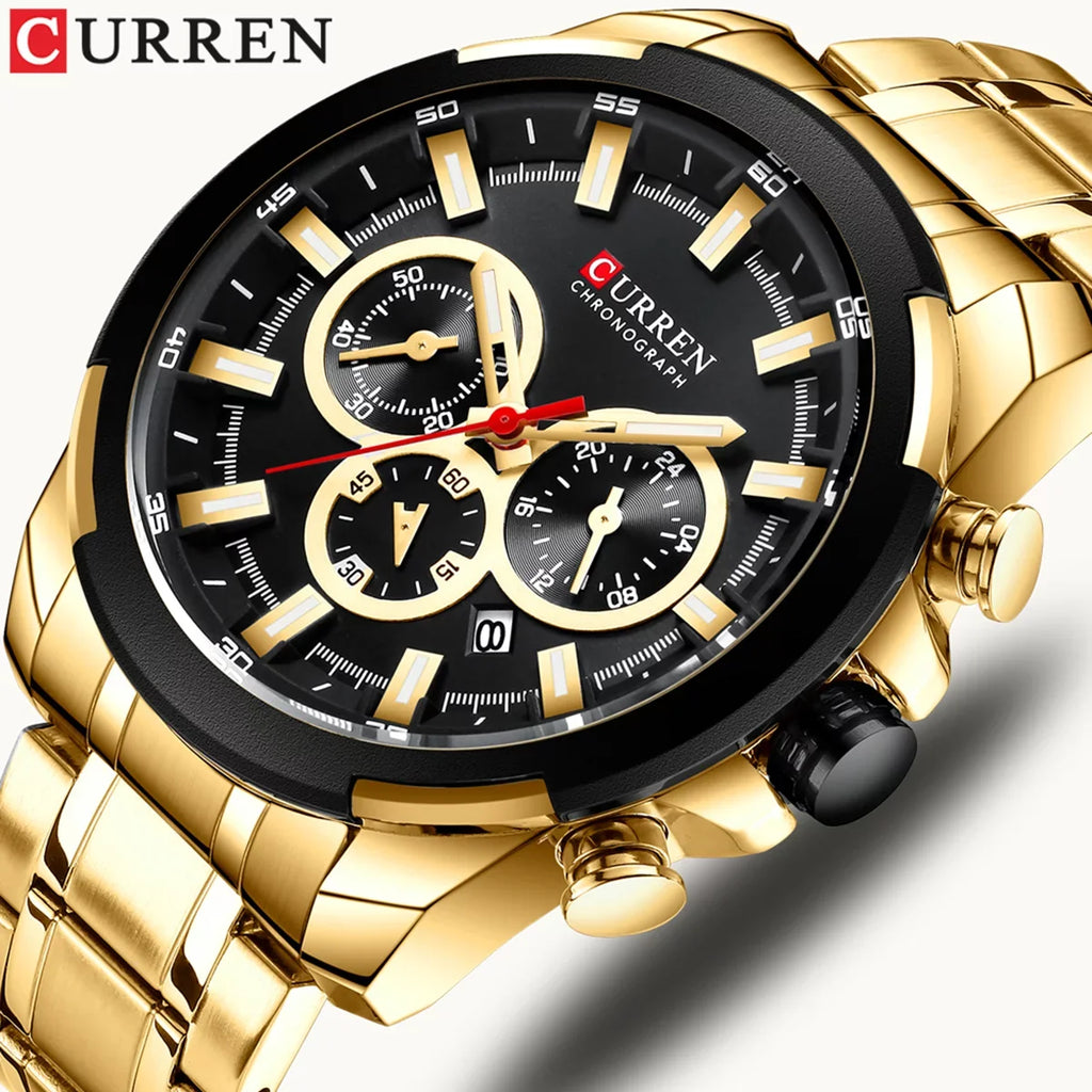 Stra Indicator Quartz Wristwatch Waterproof Male Hands with 8361 Man Chronograph Sub-Dials Three Luminous Date CURREN Watch for Second Minute Microsecond Watches Calendar Stainless Men Steel