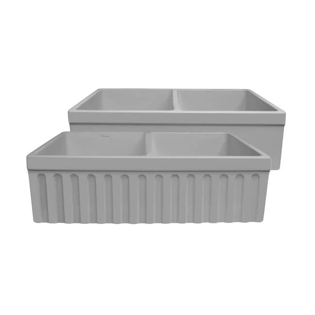 '- Reversible Front Bowl Cement Light Fluted Double Farmhaus Sink a Quatro Apron Collection with Fireclay Alcove Matte Whitehaus Fireclay