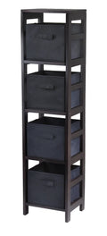 Capri Narrow 5-Pc Wood Finish Baskets, 4 Shelf Fabric Set, Espresso Black & Foldable Winsome