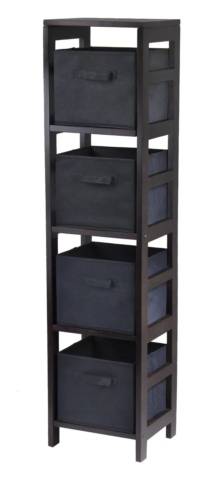 Capri Narrow 5-Pc Wood Finish Baskets, 4 Shelf Fabric Set, Espresso Black & Foldable Winsome