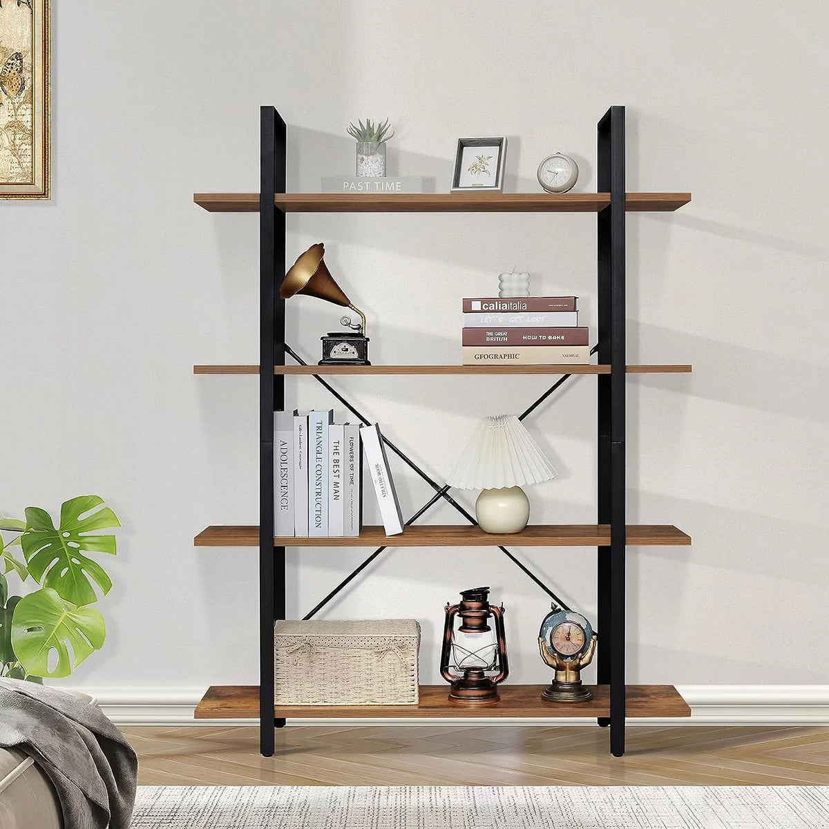 Shelves Bookcase Brown 4-Tier Living Shelf, Open Bookshelf, with Tall DIQIN Rustic Room, Bedroom, for Frame, Book Metal Display Office, Home
